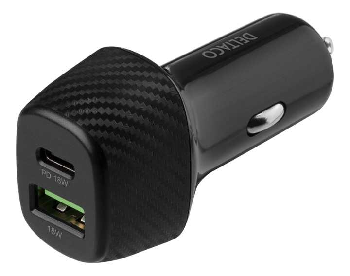 DELTACO USB-autolaturi, 1x USB-C, PD 18W, 1x USB-A, 18W, yhteensä 36W ryhmässä ÄLYPUHELIMET JA TABLETIT / Laturit & Kaapelit / Autolaturi / Autolaturi USB @ TP E-commerce Nordic AB (A16663)