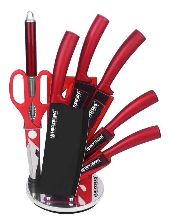 Herzberg 8 Pieces Knife Set with Acrylic Stand - Red ryhmässä KOTI, TALOUS JA PUUTARHA / Keittiövälineet / Keittiöveitset ja veitsenteroittimet @ TP E-commerce Nordic AB (A19975)