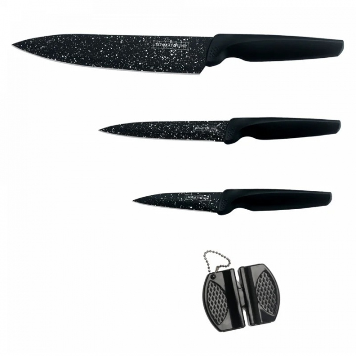 Royalty Line RL-MB3B: 3 Pieces Mable Coated Kitchen Knife Set with Pocket Knife Sharpener ryhmässä KOTI, TALOUS JA PUUTARHA / Keittiövälineet / Keittiöveitset ja veitsenteroittimet @ TP E-commerce Nordic AB (A22619)