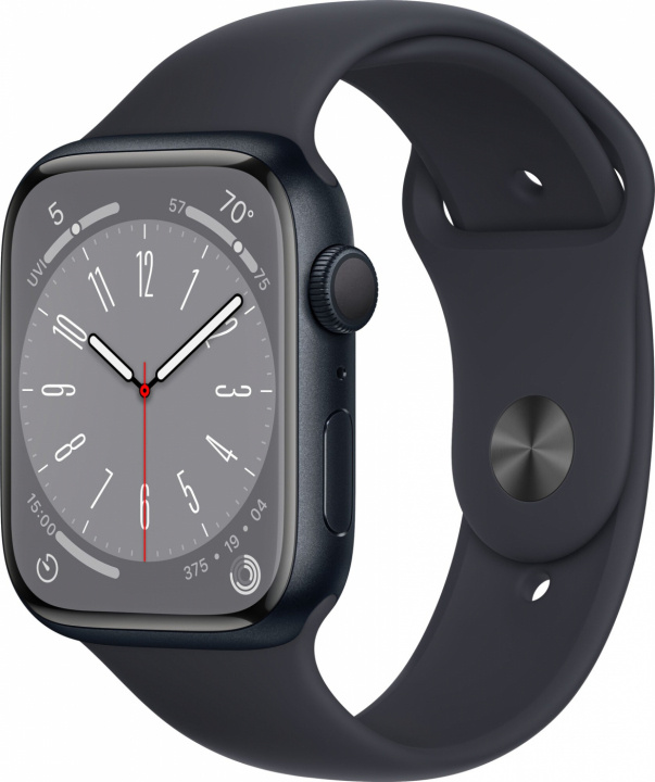 Apple Watch Series 8 45mm Midnight/Aluminium with Midnight Sportband GPS ryhmässä ÄLYPUHELIMET JA TABLETIT / Urheilu, koti ja vapaa-aika / Apple Watch & tarvikkeet / Apple Watch @ TP E-commerce Nordic AB (A22762)