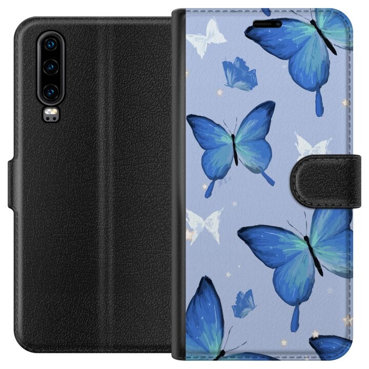 Lompakkokotelo Huawei P30-laitteelle, jossa on Sinisiä perhosia kuvio ryhmässä ÄLYPUHELIMET JA TABLETIT / Puhelimen suojakotelo / Huawei/Honori @ TP E-commerce Nordic AB (A53175)