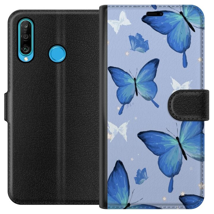 Lompakkokotelo Huawei P30 lite-laitteelle, jossa on Sinisiä perhosia kuvio ryhmässä ÄLYPUHELIMET JA TABLETIT / Puhelimen suojakotelo / Huawei/Honori @ TP E-commerce Nordic AB (A53229)