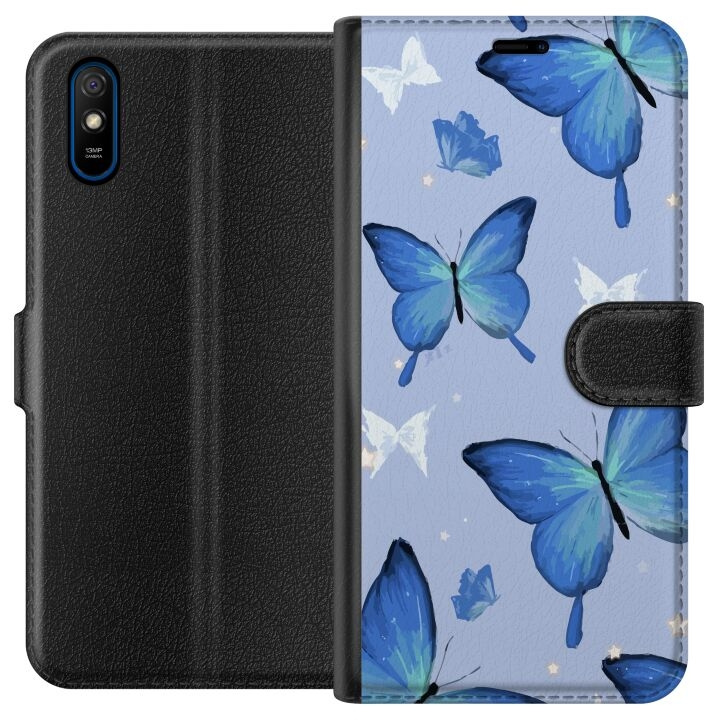 Lompakkokotelo Xiaomi Redmi 9A-laitteelle, jossa on Sinisiä perhosia kuvio ryhmässä ÄLYPUHELIMET JA TABLETIT / Puhelimen suojakotelo / Xiaomi @ TP E-commerce Nordic AB (A65697)