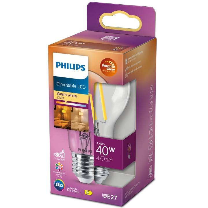 Philips LED E27 Normal 3,4W (40W) Klar Dim WarmGl 470 ryhmässä KODINELEKTRONIIKKA / Valaistus / LED-lamput @ TP E-commerce Nordic AB (C13208)