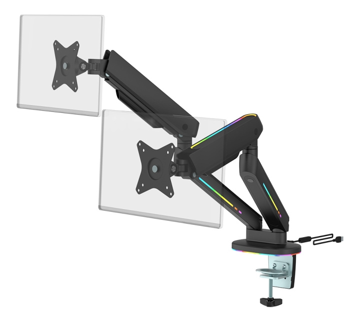 DELTACO GAMING Premium RGB Dual monitor arm, remote controller, black ryhmässä TIETOKOONET & TARVIKKEET / Näytöt / Näytön jalustat ja kiinnikkeet @ TP E-commerce Nordic AB (C16423)