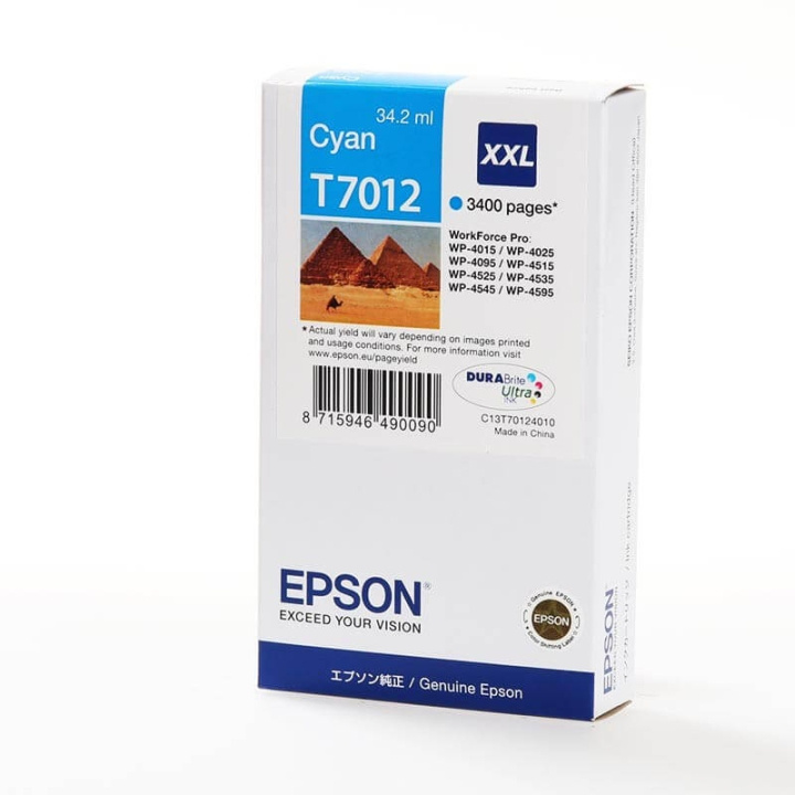 EPSON Musteet C13T70124010 T7012 XXL Cyan Pyramids ryhmässä TIETOKOONET & TARVIKKEET / Tulostimet & Tarvikkeet / Musteet ja väriaineet / Mustepatruunat / Epson @ TP E-commerce Nordic AB (C26854)