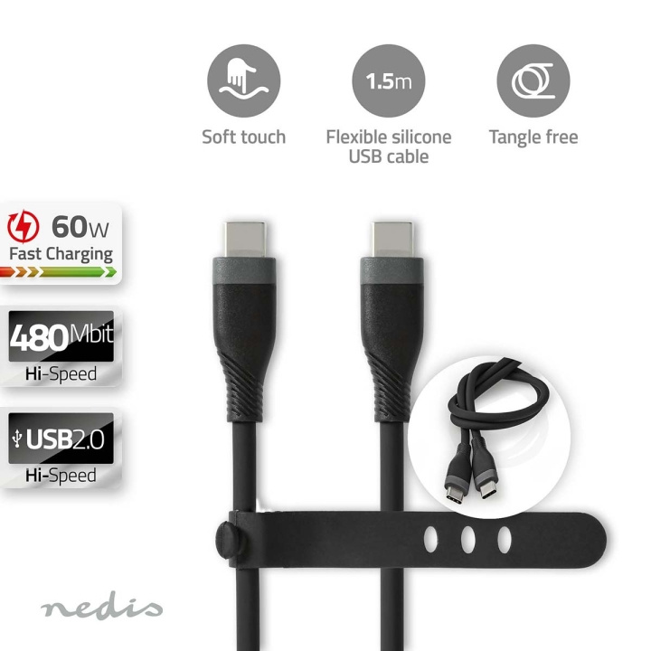 Nedis USB kaapeli | USB 2.0 | USB-C™ Uros | USB-C™ Uros | 60 W | 480 Mbps | Niklattu | 1.50 m | Pyöreä | Silikoni | Musta | Laatikko ryhmässä TIETOKOONET & TARVIKKEET / Kaapelit & Sovittimet / USB / USB-C @ TP E-commerce Nordic AB (C66096)