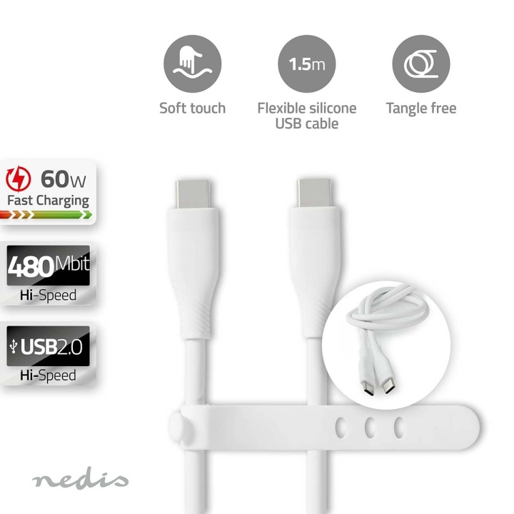 Nedis USB kaapeli | USB 2.0 | USB-C™ Uros | USB-C™ Uros | 60 W | 480 Mbps | Niklattu | 1.50 m | Pyöreä | Silikoni | Valkoinen | Laatikko ryhmässä TIETOKOONET & TARVIKKEET / Kaapelit & Sovittimet / USB / USB-C @ TP E-commerce Nordic AB (C66097)