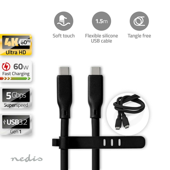 Nedis USB kaapeli | USB 3.2 Gen 1 | USB-C™ Uros | USB-C™ Uros | 60 W | 8K@30Hz | 5 Gbps | Niklattu | 1.50 m | Pyöreä | Silikoni | Musta | Laatikko ryhmässä TIETOKOONET & TARVIKKEET / Kaapelit & Sovittimet / USB / USB-C @ TP E-commerce Nordic AB (C66108)