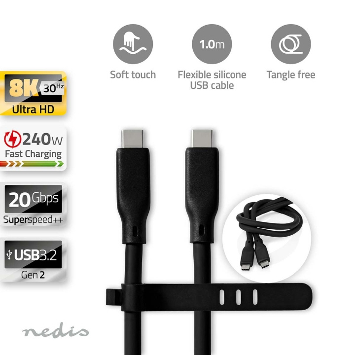 Nedis USB kaapeli | USB 3.2 Gen 2 | USB-C™ Uros | USB-C™ Uros | 240 W | 8K@30Hz | 20 Gbps | Niklattu | 1.00 m | Pyöreä | Silikoni | Musta | Laatikko ryhmässä TIETOKOONET & TARVIKKEET / Kaapelit & Sovittimet / USB / USB-C @ TP E-commerce Nordic AB (C66110)