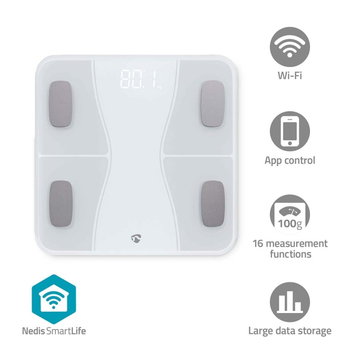 Nedis SmartLife Älyvaaka | Bluetooth® | BMI / BMR / Lihakset / Luut / Paino / Rasva / Vesi | 12 | Max. kuorma: 180 kg | Android™ / IOS | ABS-Muovi / Lasi | Valkoinen ryhmässä KAUNEUS JA TERVEYS / Terveydenhoito / Henkilövaaka @ TP E-commerce Nordic AB (C66708)