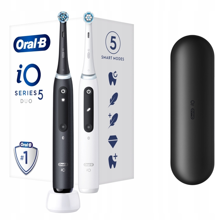 Oral B iO Series 5 Duo Pack Black+White elektrisk tandborste ryhmässä KAUNEUS JA TERVEYS / Suunhoito / Sähköhammasharjat @ TP E-commerce Nordic AB (C66952)