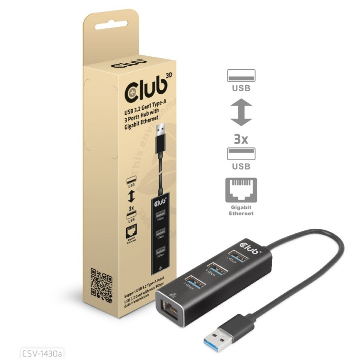 Club 3D USB 3.2 Gen1 A 3-P Hub Gigabit Ethernet ryhmässä TIETOKOONET & TARVIKKEET / Kannettavat tietokoneet & tarvikkeet / Telakka @ TP E-commerce Nordic AB (C67860)