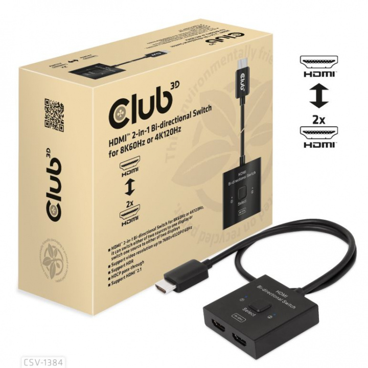 Club 3D HDMI 2-in-1 Bi-directional Switch for 8K60Hz or 4K120Hz ryhmässä TIETOKOONET & TARVIKKEET / Kaapelit & Sovittimet / Adapterit @ TP E-commerce Nordic AB (C67870)