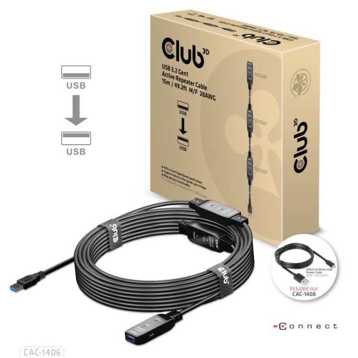 Club 3D USB 3.2 Gen1 Active Repeater Cable 15m M/F 28AWG ryhmässä KOTI, TALOUS JA PUUTARHA / Sähkö & Valaistus / Jatkojohdot @ TP E-commerce Nordic AB (C67907)