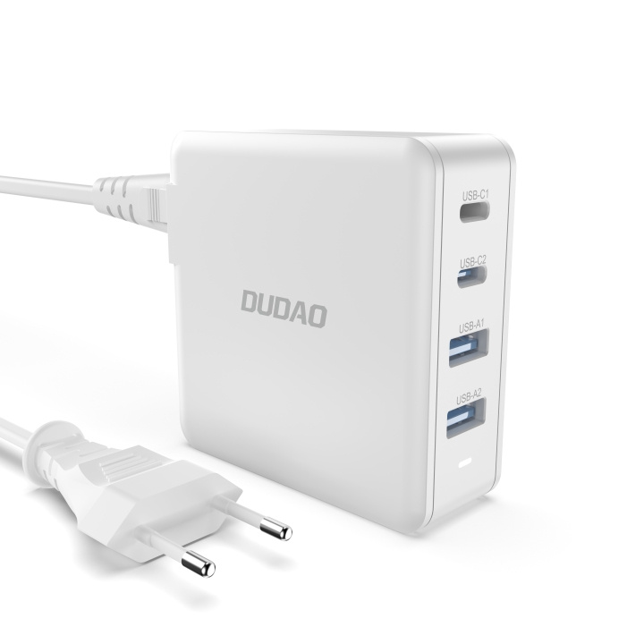 Dudao A100EU Adapter 100Watt GaN 2xUSB-C + 2xUSB-A ryhmässä ÄLYPUHELIMET JA TABLETIT / Laturit & Kaapelit / Seinälaturi / Seinälaturi Type C @ TP E-commerce Nordic AB (C70276)