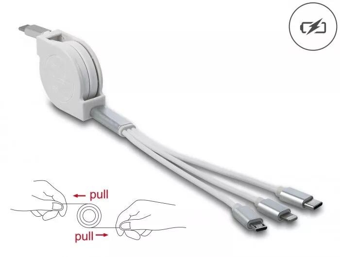 DeLOCK USB Type-C™ 3 in 1 Retractable Charging Cable ryhmässä TIETOKOONET & TARVIKKEET / Kaapelit & Sovittimet / USB / USB-C @ TP E-commerce Nordic AB (C70552)