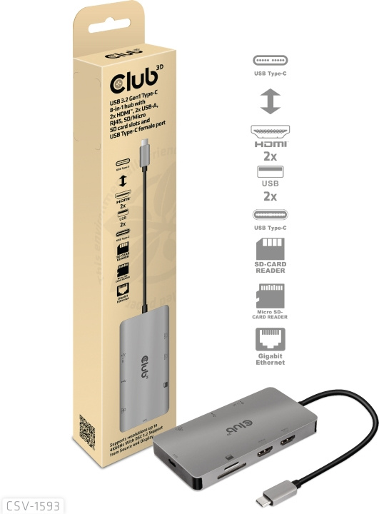 Club 3D Type-C 8-in-1 -hubi ryhmässä TIETOKOONET & TARVIKKEET / Kannettavat tietokoneet & tarvikkeet / Telakka @ TP E-commerce Nordic AB (C71774)