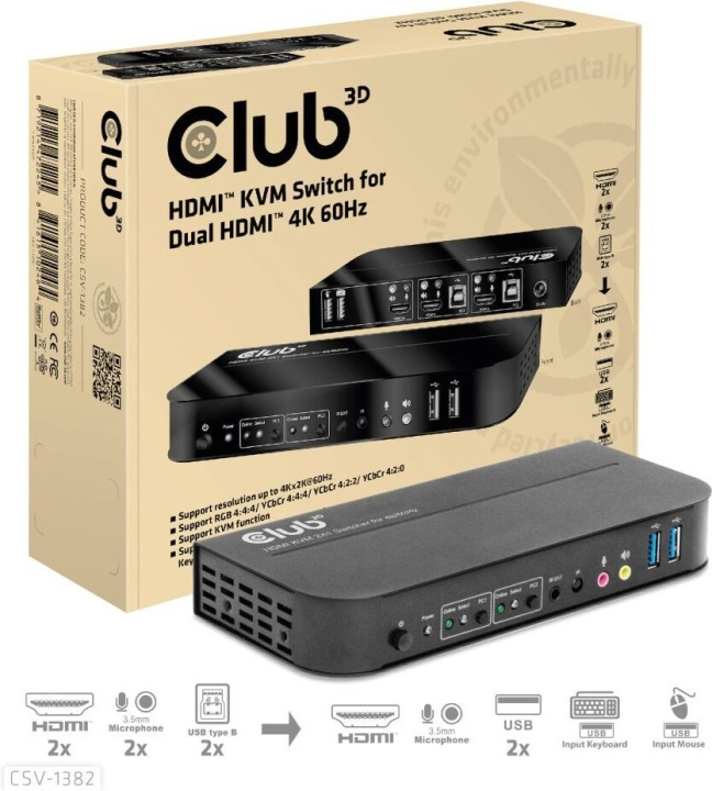 Club 3D HDMI KVM Switch For Dual HDMI -kytkin ryhmässä TIETOKOONET & TARVIKKEET / Kaapelit & Sovittimet / Adapterit @ TP E-commerce Nordic AB (C71792)