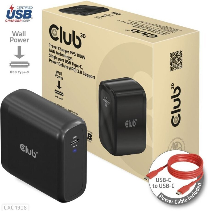 Club 3D CAC-1908EU Travel Charger 100 W GaN USB-C -virtalähde ryhmässä ÄLYPUHELIMET JA TABLETIT / Laturit & Kaapelit / Seinälaturi / Seinälaturi Type C @ TP E-commerce Nordic AB (C71794)