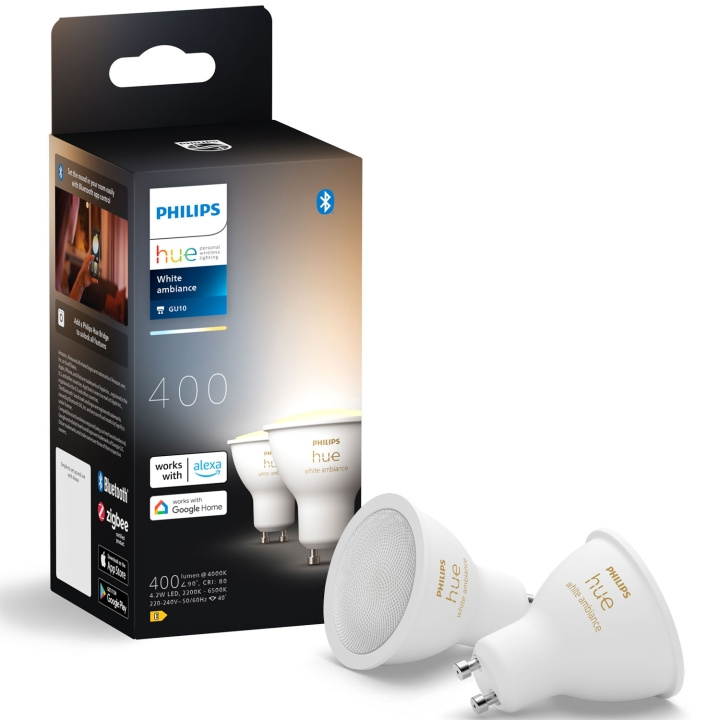 Philips Hue White Ambiance GU10 400lm 2-pack ryhmässä KOTI, TALOUS JA PUUTARHA / Älykodit / Älykäs valaistus @ TP E-commerce Nordic AB (C75735)