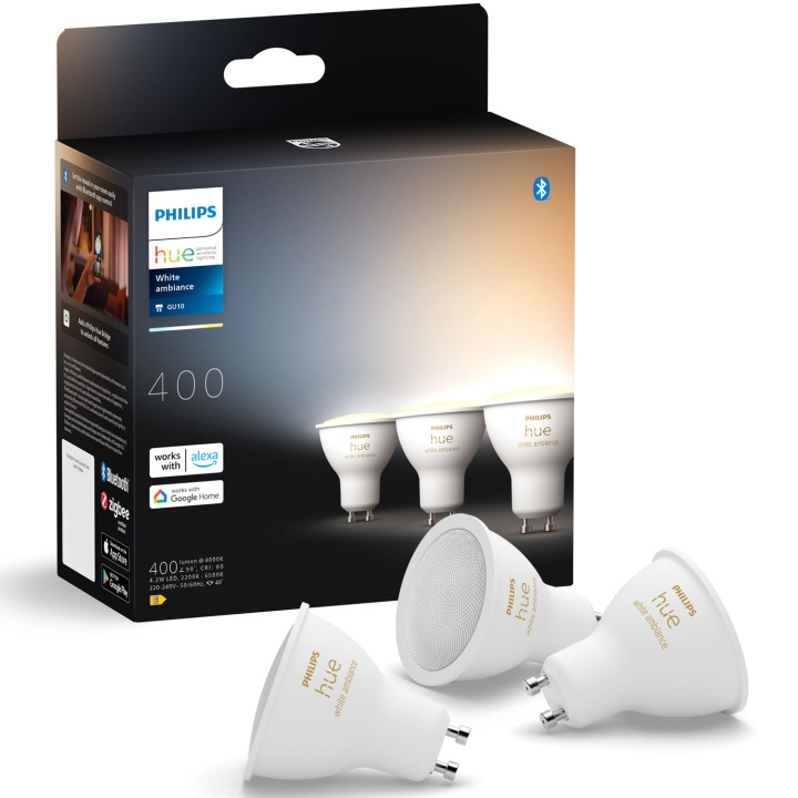 Philips Hue White Ambiance GU10 400lm 3-pack ryhmässä KOTI, TALOUS JA PUUTARHA / Älykodit / Älykäs valaistus @ TP E-commerce Nordic AB (C75736)