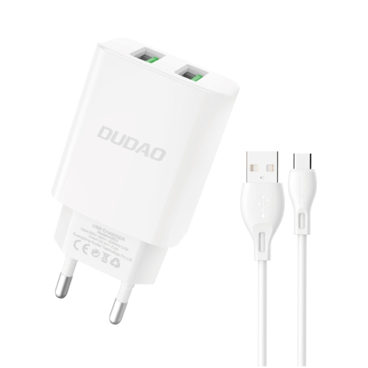 Dudao A2EUT Adapter 12Watt 2xUSB-A (1m USB-A to USB-C cable included) ryhmässä ÄLYPUHELIMET JA TABLETIT / Laturit & Kaapelit / Seinälaturi / Seinälaturi Type C @ TP E-commerce Nordic AB (C77119)