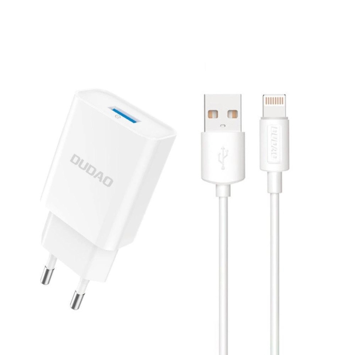 Dudao A4EU USB-A 2.1A power charger - white + USB-A - Lightning cable ryhmässä ÄLYPUHELIMET JA TABLETIT / Laturit & Kaapelit / Seinälaturi / Seinälatruri Lightning @ TP E-commerce Nordic AB (C77161)