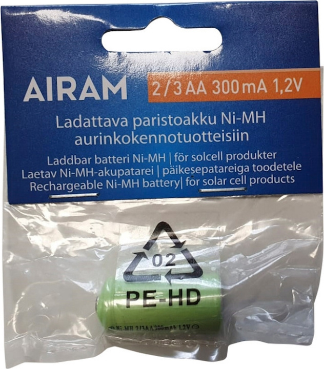 Airam Akku NiMH-akkuparisto Solar- tuotteille, 2/3 AA, 300 mAh, 1 kpl ryhmässä KOTI, TALOUS JA PUUTARHA / Työkalut & Tee itse / Paristot ja akut sähkötyökaluihin @ TP E-commerce Nordic AB (C77269)