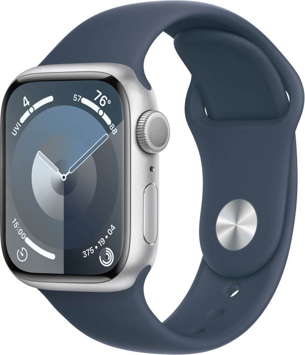 Apple Watch Series 9 (GPS) 41 mm hopeanvärinen alumiinikuori ja myrskynsininen urheiluranneke, S/M (MR903) ryhmässä ÄLYPUHELIMET JA TABLETIT / Urheilu, koti ja vapaa-aika / Apple Watch & tarvikkeet / Apple Watch @ TP E-commerce Nordic AB (C77581)