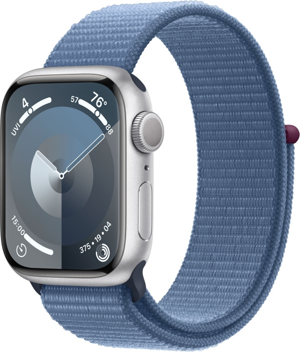 Apple Watch Series 9 (GPS) 41 mm hopeanvärinen alumiinikuori ja talvensininen Sport Loop -ranneke (MR923) ryhmässä ÄLYPUHELIMET JA TABLETIT / Urheilu, koti ja vapaa-aika / Apple Watch & tarvikkeet / Apple Watch @ TP E-commerce Nordic AB (C77583)