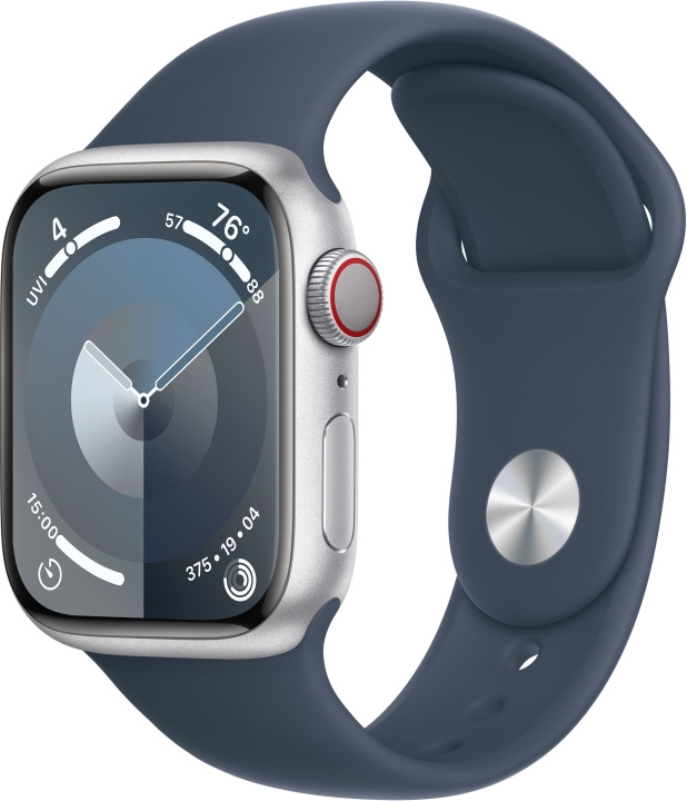 Apple Watch Series 9 (GPS + Cellular) 41 mm hopeanvärinen alumiinikuori ja myrskynsininen urheiluranneke, S/M (MRHV3) ryhmässä ÄLYPUHELIMET JA TABLETIT / Urheilu, koti ja vapaa-aika / Apple Watch & tarvikkeet / Apple Watch @ TP E-commerce Nordic AB (C77615)