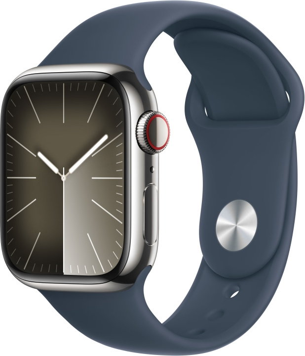 Apple Watch Series 9 (GPS + Cellular) 41 mm hopeanvärinen ruostumaton teräskuori ja myrskynsininen urheiluranneke, M/L (MRJ33) ryhmässä ÄLYPUHELIMET JA TABLETIT / Urheilu, koti ja vapaa-aika / Apple Watch & tarvikkeet / Apple Watch @ TP E-commerce Nordic AB (C77653)