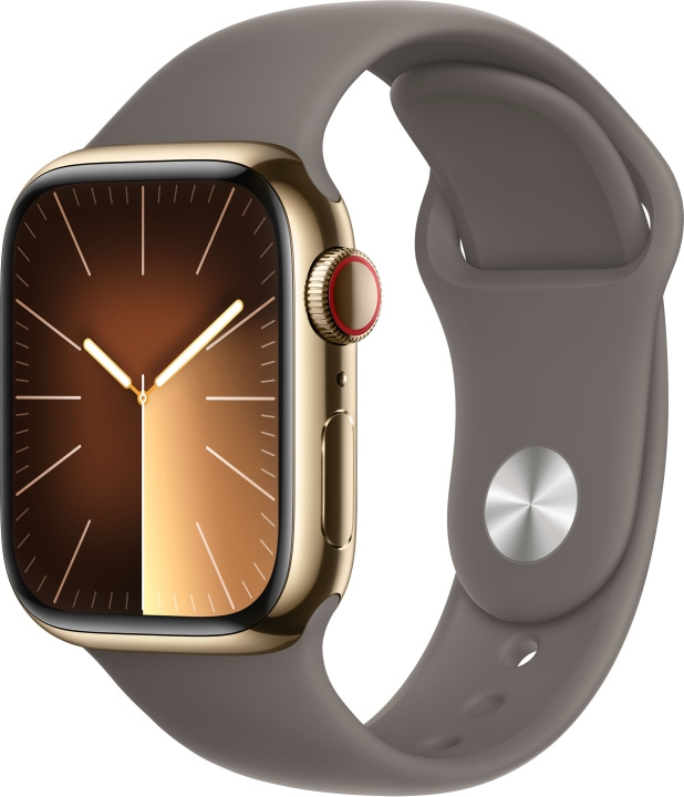 Apple Watch Series 9 (GPS + Cellular) 41 mm kullanvärinen ruostumaton teräskuori ja savenvärinen urheiluranneke, M/L (MRJ63) ryhmässä ÄLYPUHELIMET JA TABLETIT / Urheilu, koti ja vapaa-aika / Apple Watch & tarvikkeet / Apple Watch @ TP E-commerce Nordic AB (C77656)