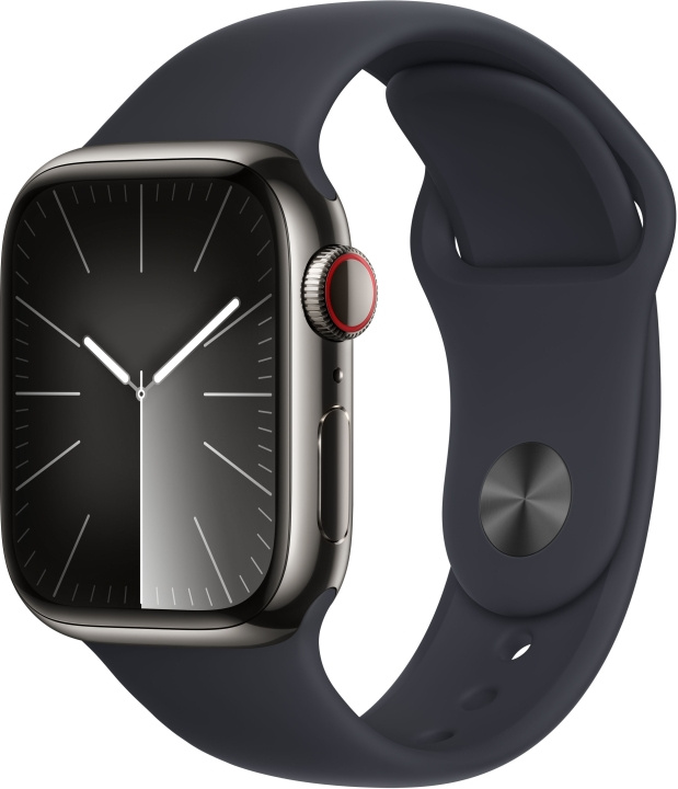 Apple Watch Series 9 (GPS + Cellular) 41 mm grafiitinvärinen ruostumaton teräskuori ja keskiyönsininen urheiluranneke, S/M (MRJ83) ryhmässä ÄLYPUHELIMET JA TABLETIT / Urheilu, koti ja vapaa-aika / Apple Watch & tarvikkeet / Apple Watch @ TP E-commerce Nordic AB (C77659)