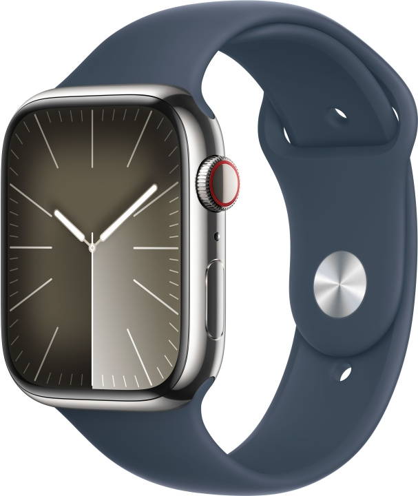 Apple Watch Series 9 (GPS + Cellular) 45 mm hopeanvärinen ruostumaton teräskuori ja myrskynsininen urheiluranneke, S/M (MRMN3) ryhmässä ÄLYPUHELIMET JA TABLETIT / Urheilu, koti ja vapaa-aika / Apple Watch & tarvikkeet / Apple Watch @ TP E-commerce Nordic AB (C77667)