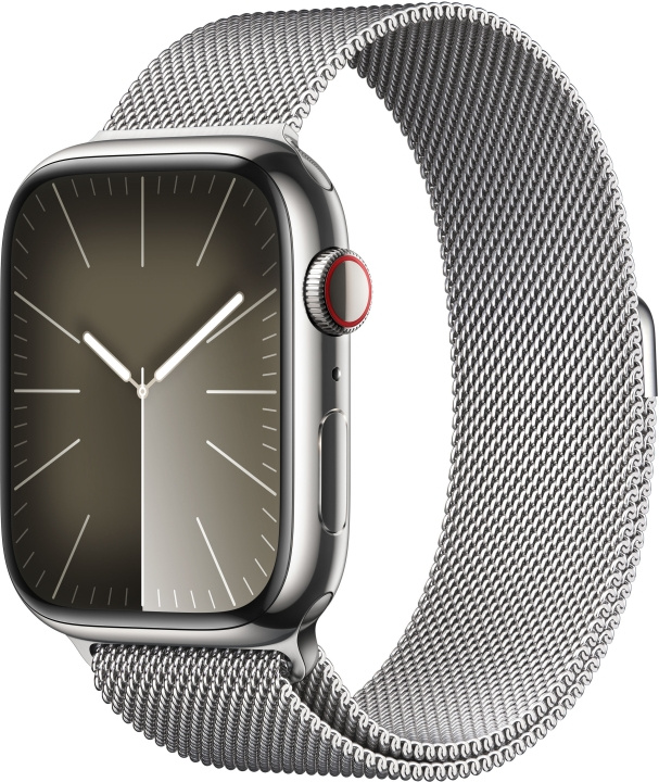 Apple Watch Series 9 (GPS + Cellular) 45 mm hopeanvärinen ruostumaton teräskuori ja hopeanvärinen milanolaisranneke (MRMQ3) ryhmässä ÄLYPUHELIMET JA TABLETIT / Urheilu, koti ja vapaa-aika / Apple Watch & tarvikkeet / Apple Watch @ TP E-commerce Nordic AB (C77671)