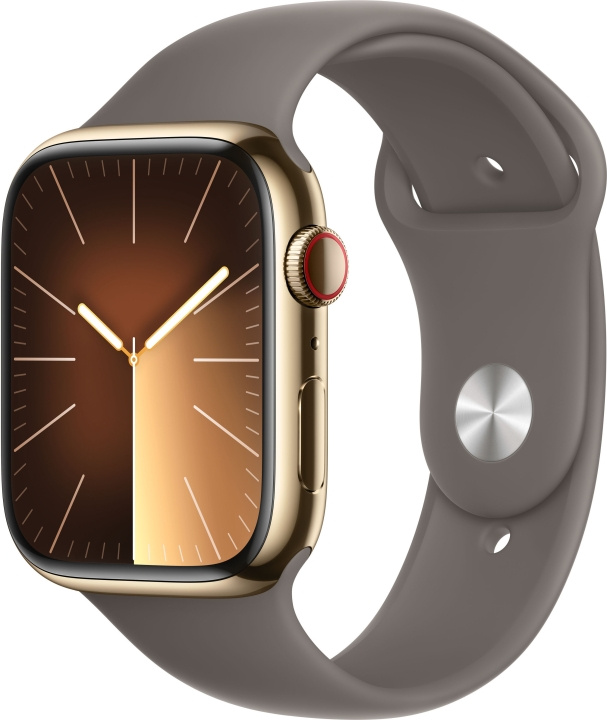 Apple Watch Series 9 (GPS + Cellular) 45 mm kullanvärinen ruostumaton teräskuori ja savenvärinen urheiluranneke, M/L (MRMT3) ryhmässä ÄLYPUHELIMET JA TABLETIT / Urheilu, koti ja vapaa-aika / Apple Watch & tarvikkeet / Apple Watch @ TP E-commerce Nordic AB (C77675)