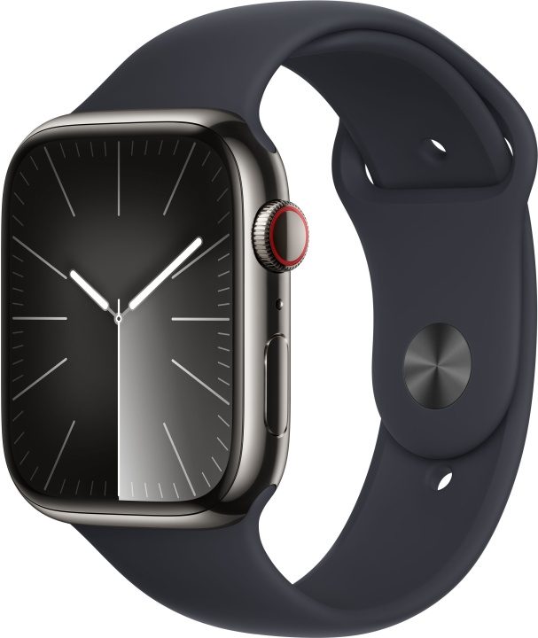 Apple Watch Series 9 (GPS + Cellular) 45 mm grafiitinvärinen ruostumaton teräskuori ja keskiyönsininen urheiluranneke, S/M (MRMV3) ryhmässä ÄLYPUHELIMET JA TABLETIT / Urheilu, koti ja vapaa-aika / Apple Watch & tarvikkeet / Apple Watch @ TP E-commerce Nordic AB (C77680)