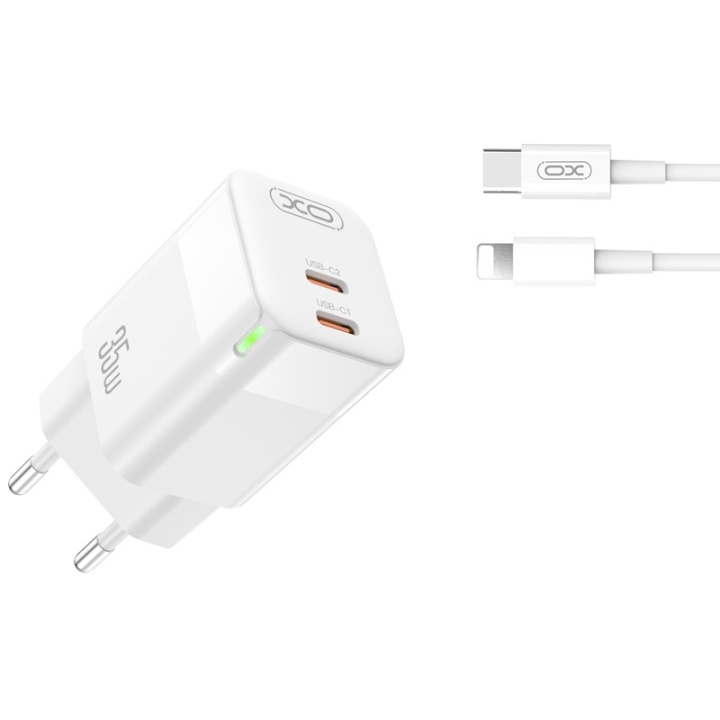 XO väggladdare CE07 PD 35W 2x USB-C vit + USB-C - Lightning-kabel ryhmässä ÄLYPUHELIMET JA TABLETIT / Laturit & Kaapelit / Seinälaturi / Seinälatruri Lightning @ TP E-commerce Nordic AB (C79243)