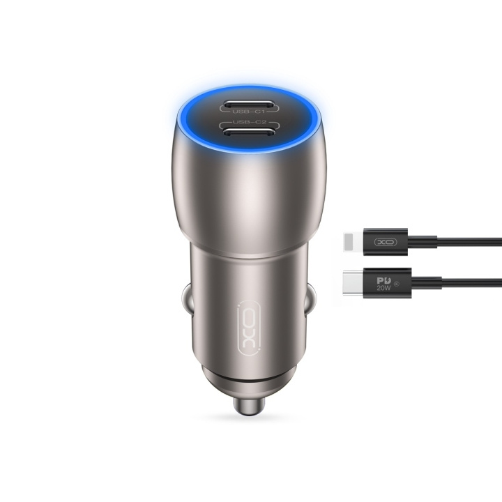 XO billaddare CC51 PD 40W 2x USB-C grå + USB-C - Lightning-kabel ryhmässä ÄLYPUHELIMET JA TABLETIT / Laturit & Kaapelit / Autolaturi / Autolaturi Tyyppi C @ TP E-commerce Nordic AB (C79250)