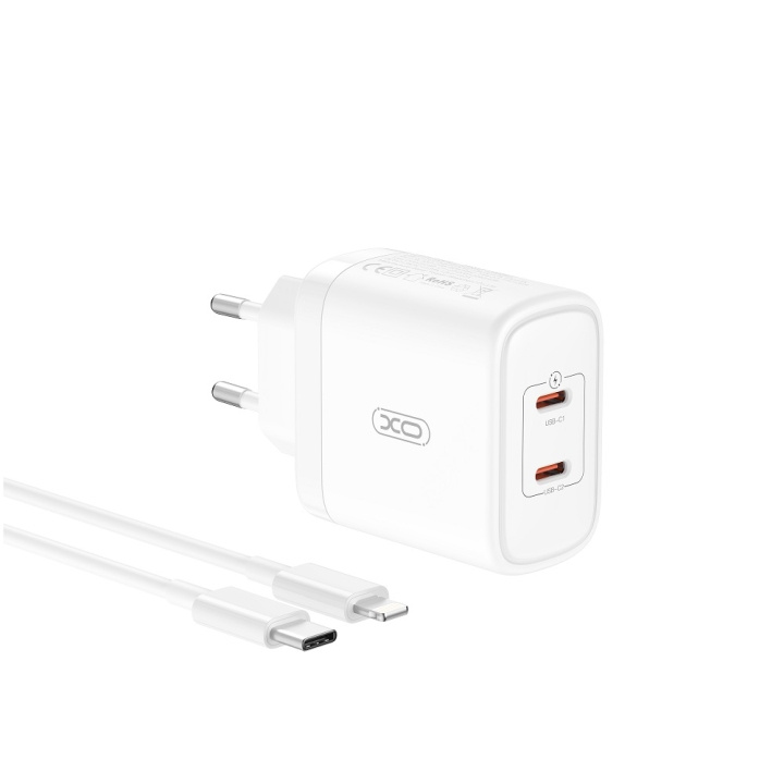 XO väggladdare CE08 PD 50W 2x USB-C vit + USB-C - Lightning-kabel ryhmässä ÄLYPUHELIMET JA TABLETIT / Laturit & Kaapelit / Seinälaturi / Seinälaturi Type C @ TP E-commerce Nordic AB (C79266)