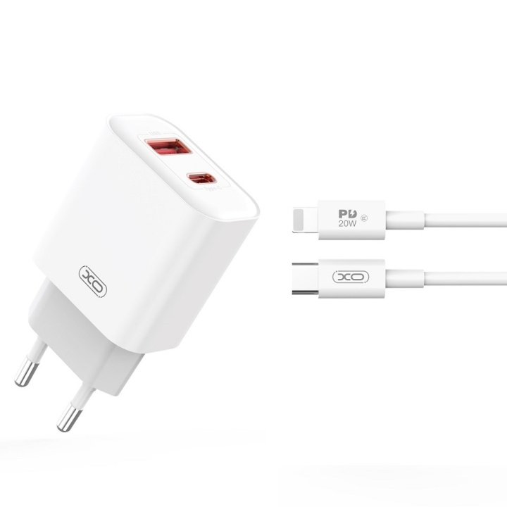 XO väggladdare CE12 PD QC3.0 20W 1x USB 1x USB-C vit + USB-C - Lightning-kabel ryhmässä ÄLYPUHELIMET JA TABLETIT / Laturit & Kaapelit / Seinälaturi / Seinälatruri Lightning @ TP E-commerce Nordic AB (C79273)