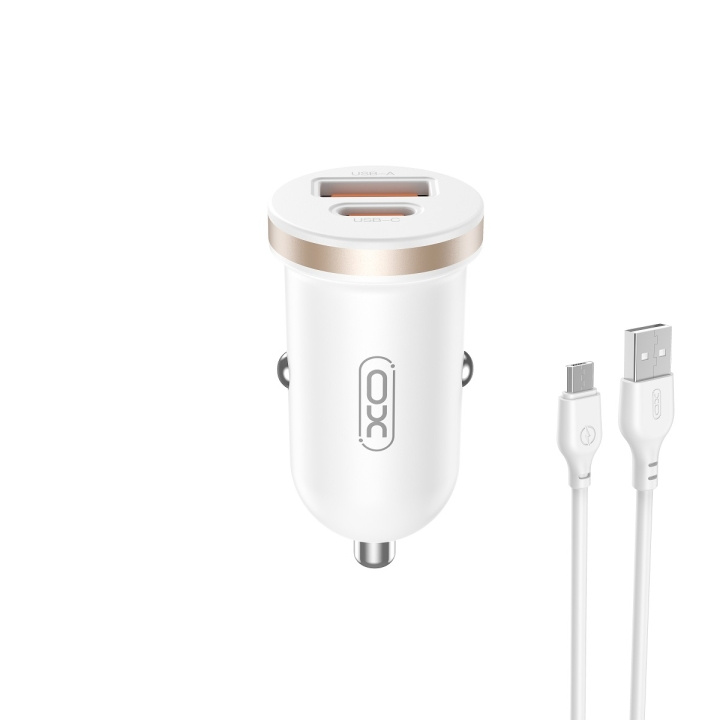 XO billaddare CC56 PD 30W QC 1x USB 1x USB-C vit + USB - microUSB-kabel ryhmässä ÄLYPUHELIMET JA TABLETIT / Laturit & Kaapelit / Autolaturi @ TP E-commerce Nordic AB (C79287)