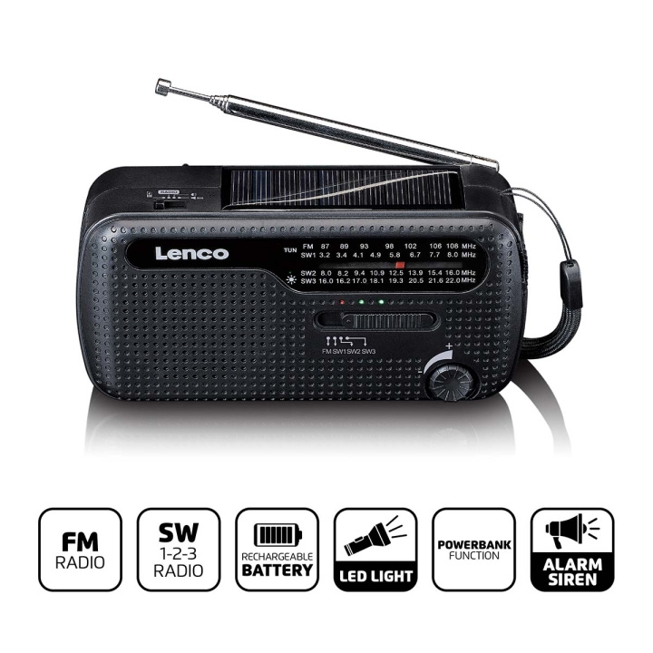 Lenco Kannettava wind-up hätäradio taskulamppu ja virtapankki yhdessä Musta ryhmässä KODINELEKTRONIIKKA / Ääni & Kuva / Kotiteatteri, HiFi ja kannettavat / Radio & Herätyskellot / Radio @ TP E-commerce Nordic AB (C81434)