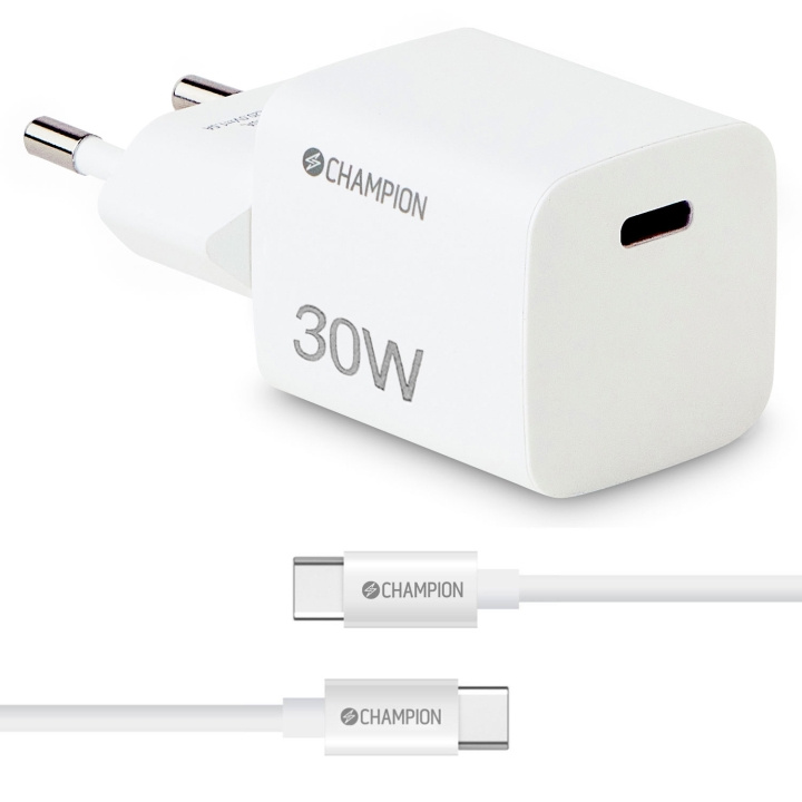 Champion Laddare 30W + USB-C Kabel Vit ryhmässä ÄLYPUHELIMET JA TABLETIT / Laturit & Kaapelit / Seinälaturi / Seinälaturi Type C @ TP E-commerce Nordic AB (C81442)