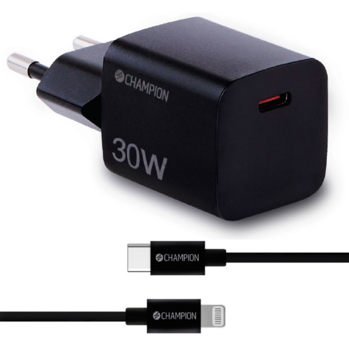 Champion Laddare 30W + USB-C till Lightning Kabel Svart ryhmässä ÄLYPUHELIMET JA TABLETIT / Laturit & Kaapelit / Seinälaturi / Seinälatruri Lightning @ TP E-commerce Nordic AB (C82816)