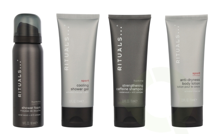 Rituals Homme Set 260 ml Shower Foam 50ml/Strenghtening Caffeine Shampoo 70ml/Anti Dry Body Lotion 70ml/Cooling Shower Gel 70ml ryhmässä KAUNEUS JA TERVEYS / Lahjapakkaukset / Miesten lahjapakkaukset @ TP E-commerce Nordic AB (C84537)