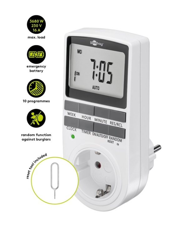 Goobay Digital timer programmerbar timer med kontakt med skyddsjord (typ F) ryhmässä KOTI, TALOUS JA PUUTARHA / Sähkö & Valaistus / Ajastin @ TP E-commerce Nordic AB (C86941)