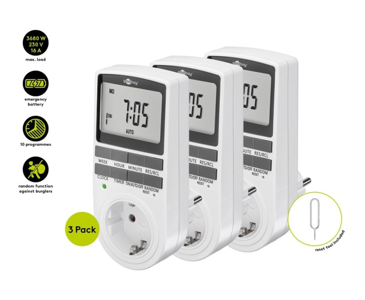 Goobay Digital timer, set om 3 programmerbar timer med kontakt med skyddsjord (typ F) ryhmässä KOTI, TALOUS JA PUUTARHA / Sähkö & Valaistus / Ajastin @ TP E-commerce Nordic AB (C86964)